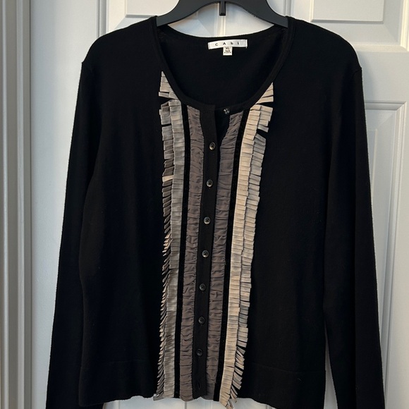 CAbi Sweaters - CAbi Black Cardigan with Gray Ruffle Panel